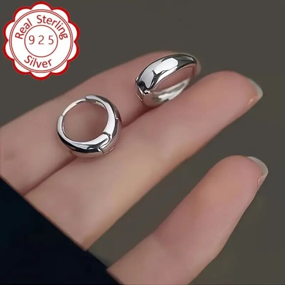 Elegant Minimalist 925 Sterling Silver Hoop Earrings Small Hinged Classic Jewlry - Picture 2 of 5